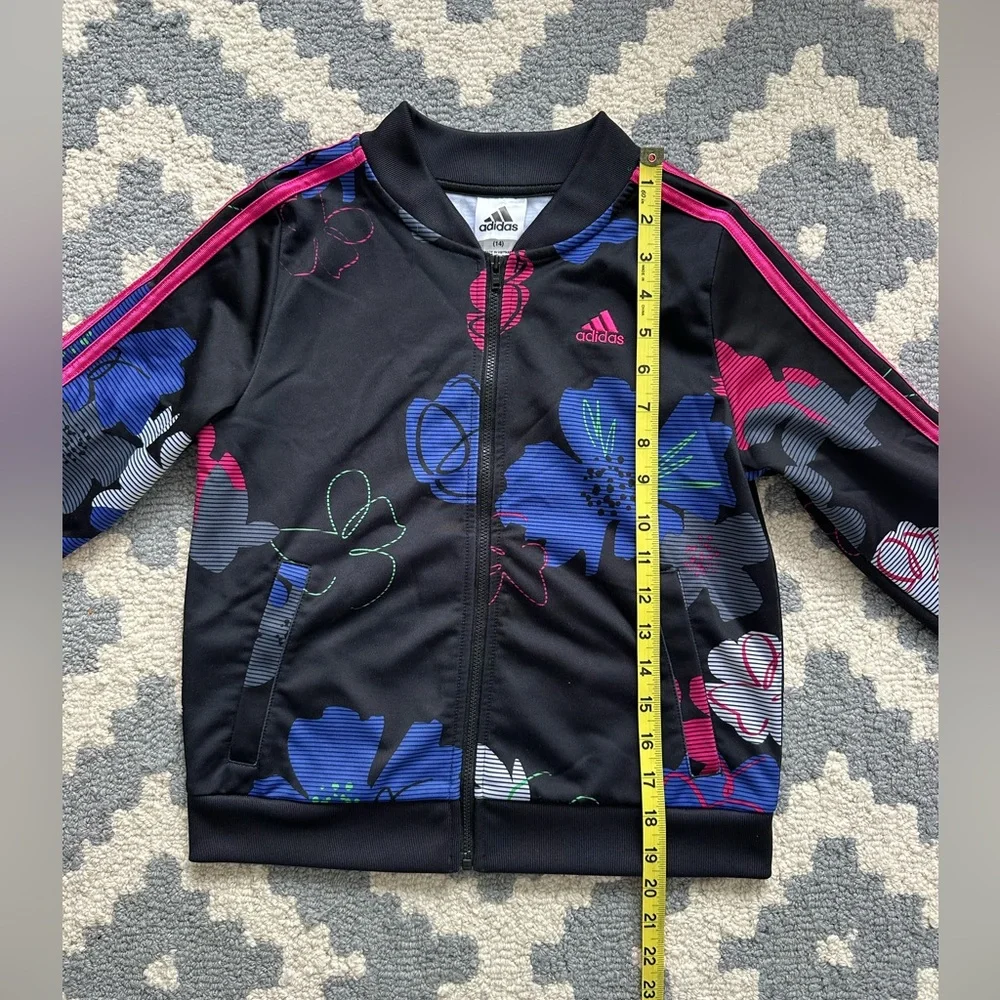 Adidas Kids Black Floral Jacket with Pink and Blue Accents
